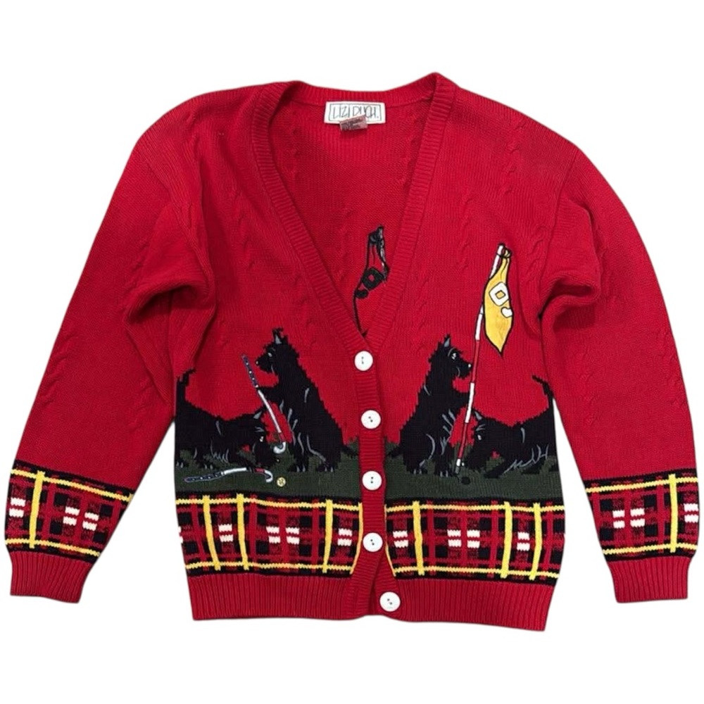 Lizi Ruch Vintage Scottie Dog Golf Cardigan
 with Plaid Trim S